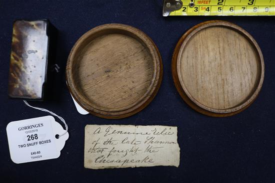 A circular turned oak snuff box and a rectangular lacquered snuff box,